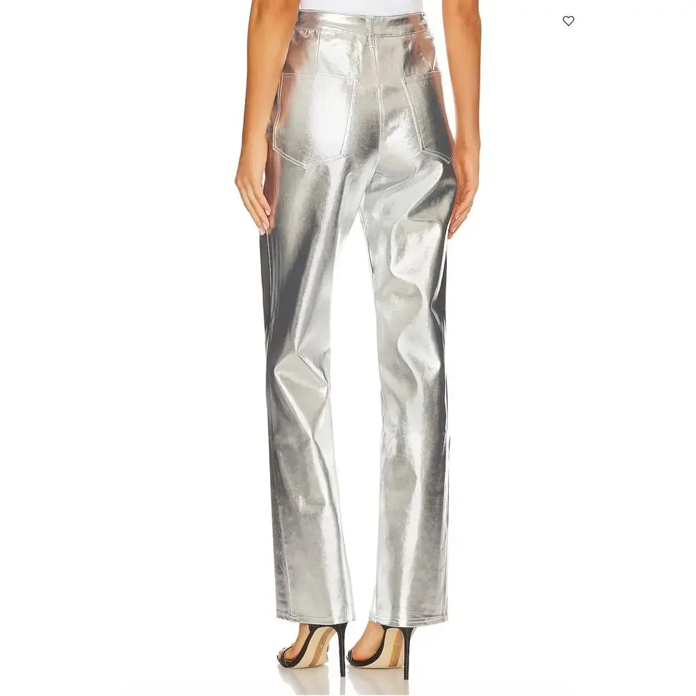 WeWoreWhat Silver Straight Leg Jeans Size 26 Faux Leather High Rise $148 NEW - Picture 3 of 9